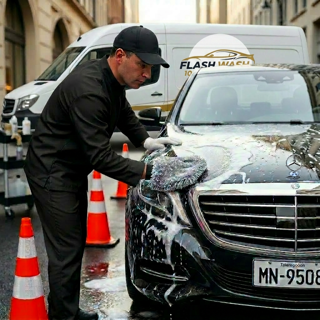 Equipe Flash Wash 10 em ação entre os cones de sinalização.