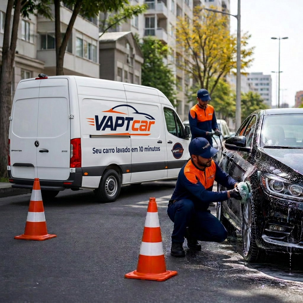 Equipe uniformizada atendendo veículos entre cones, com a unidade móvel posicionada ao lado.
