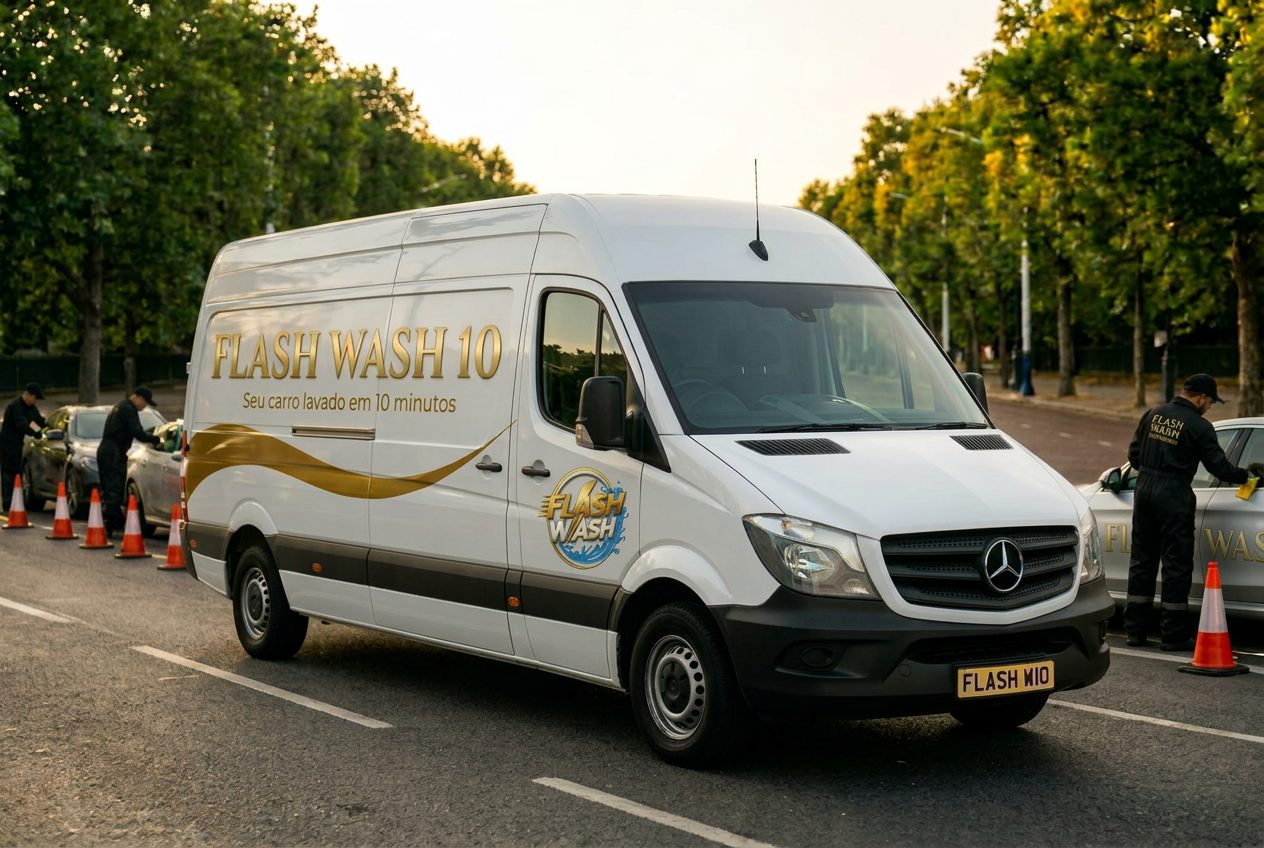 Furgão Mercedes Sprinter da Flash Wash 10 sobre via de asfalto, com equipe trabalhando ao fundo entre cones