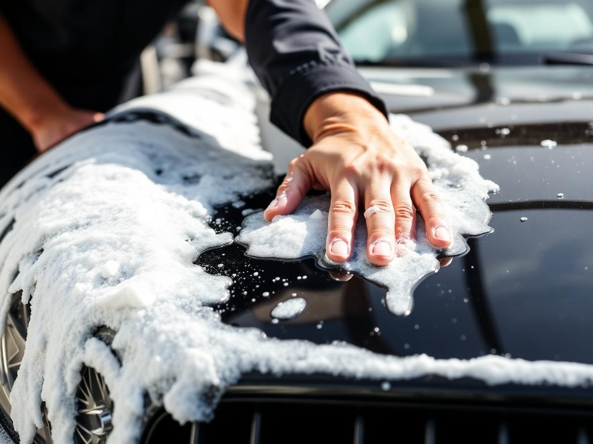 Detalhista lavando capô preto com espuma