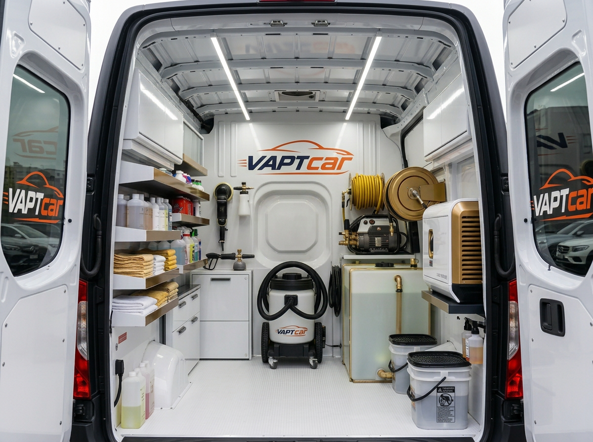 Interior do furgão vaptcar equipado como oficina móvel de lava-jato